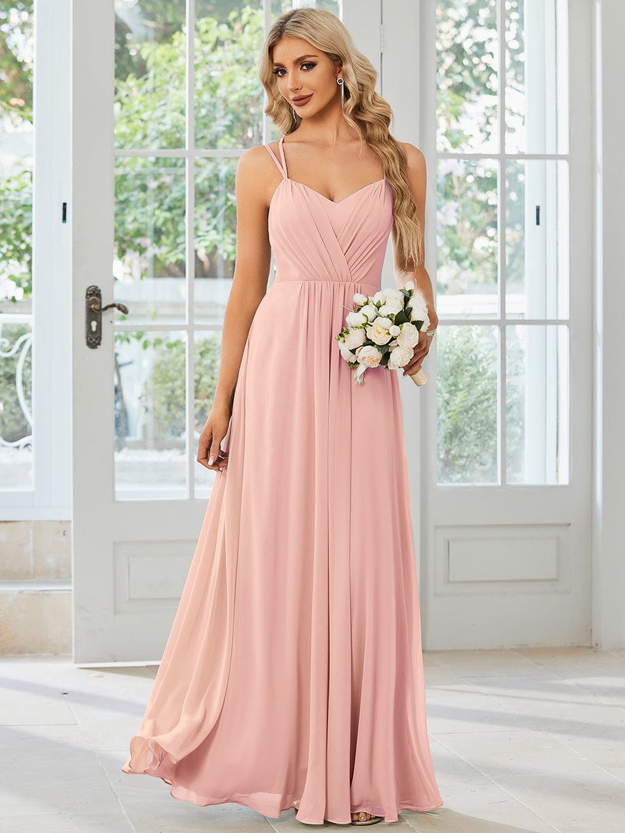 Chiffon and Lace Open Back Spaghetti Straps Bridesmaid Dress #color_Pink