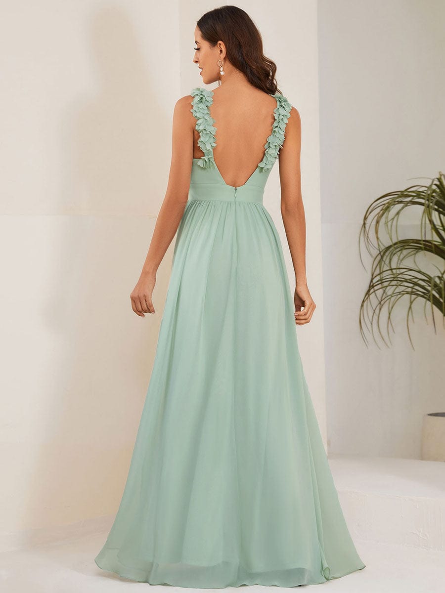 V-Neck Floral AppliqueSleeveless Pleated Chiffon Bridesmaid Dress #Color_Mint Green