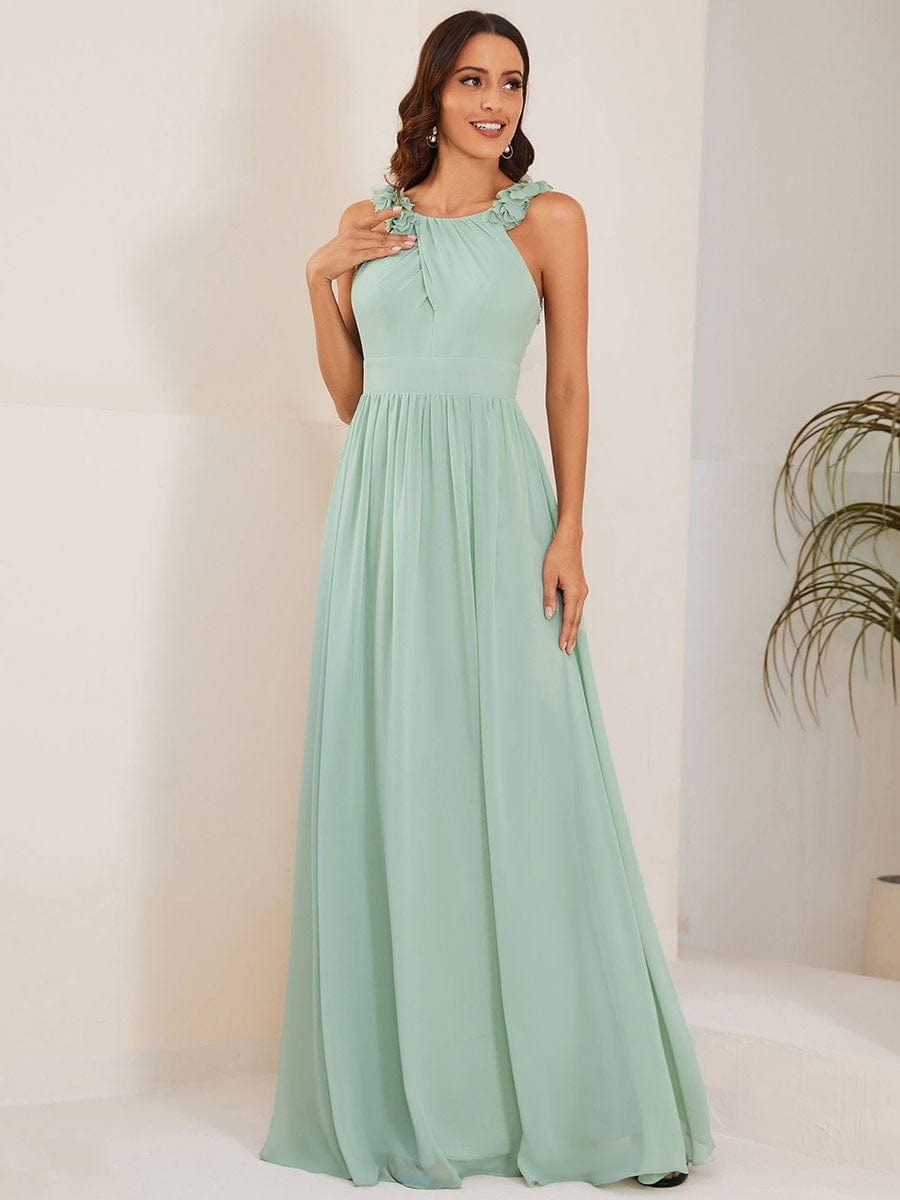 V-Neck Floral AppliqueSleeveless Pleated Chiffon Bridesmaid Dress #Color_Mint Green