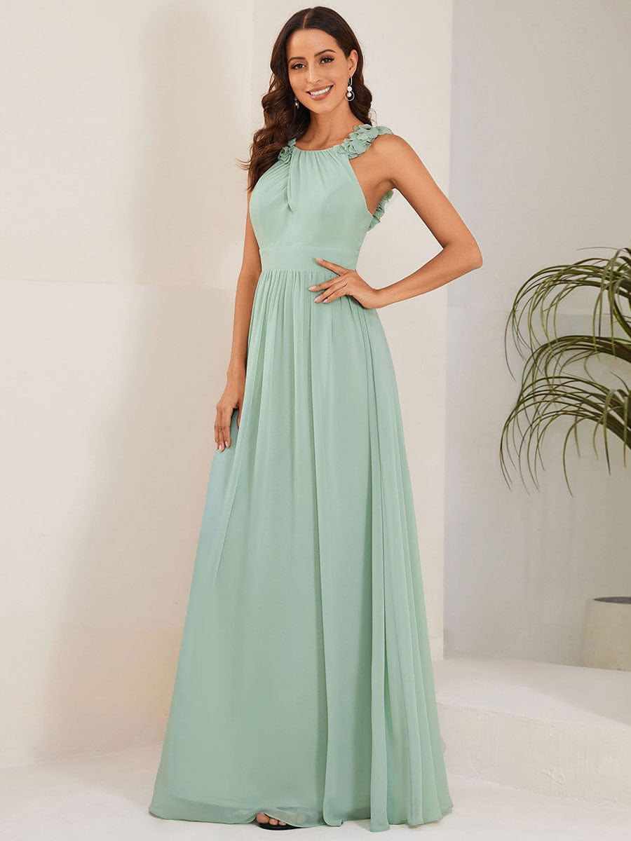 V-Neck Floral AppliqueSleeveless Pleated Chiffon Bridesmaid Dress #Color_Mint Green