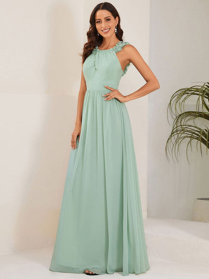 V-Neck Floral AppliqueSleeveless Pleated Chiffon Bridesmaid Dress #Color_Mint Green