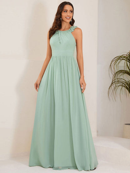 V-Neck Floral AppliqueSleeveless Pleated Chiffon Bridesmaid Dress #Color_Mint Green