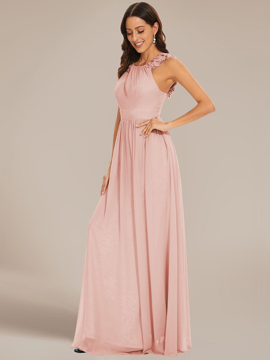 V-Neck Floral AppliqueSleeveless Pleated Chiffon Bridesmaid Dress #Color_Pink