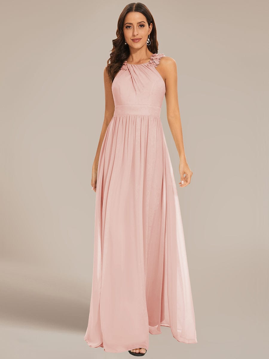 V-Neck Floral AppliqueSleeveless Pleated Chiffon Bridesmaid Dress #Color_Pink