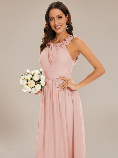 V-Neck Floral AppliqueSleeveless Pleated Chiffon Bridesmaid Dress #Color_Pink