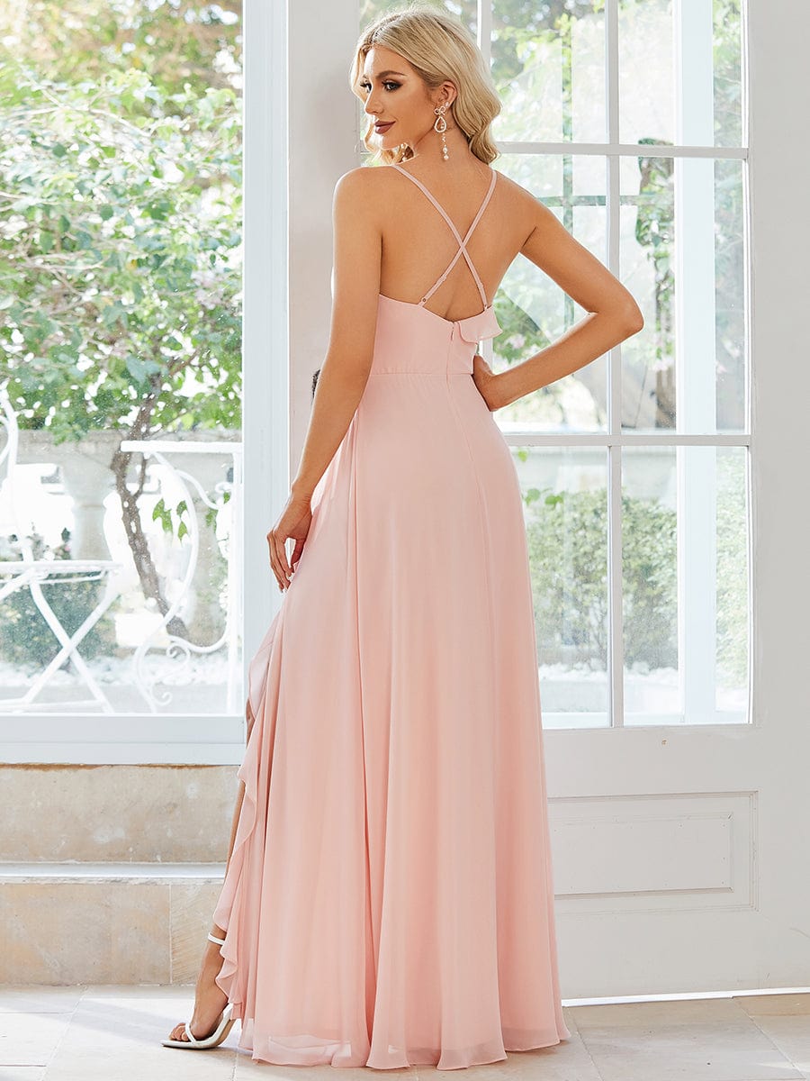 Front Slit Sweetheart Crossed Back Tie Chiffon Bridesmaid Dress #color_Pink