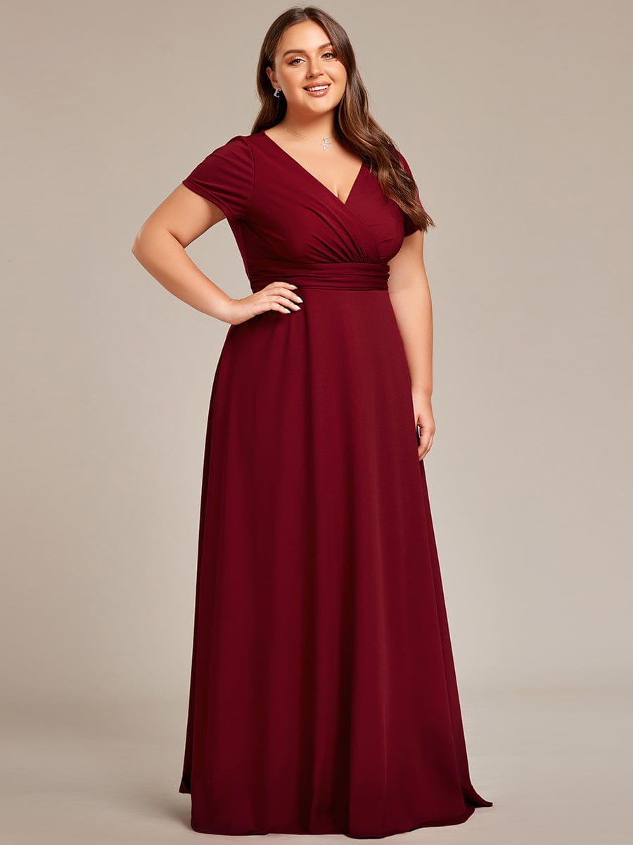 Plus Size Pleated V-Neck Short Sleeves Empire Waist A-Line Bridesmaid Dress #color_Burgundy