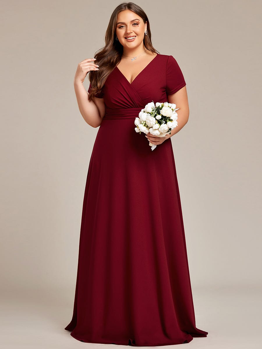 Plus Size Pleated V-Neck Short Sleeves Empire Waist A-Line Bridesmaid Dress #color_Burgundy