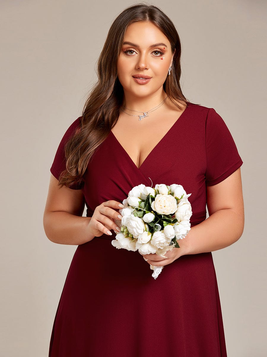 Plus Size Pleated V-Neck Short Sleeves Empire Waist A-Line Bridesmaid Dress #color_Burgundy