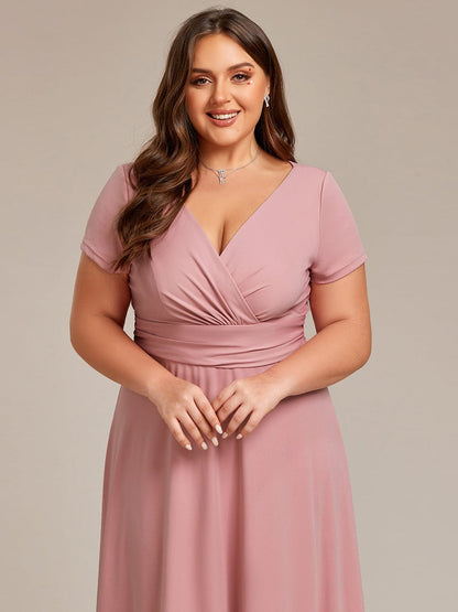 Plus Size Pleated V-Neck Short Sleeves Empire Waist A-Line Bridesmaid Dress #color_Dusty Rose