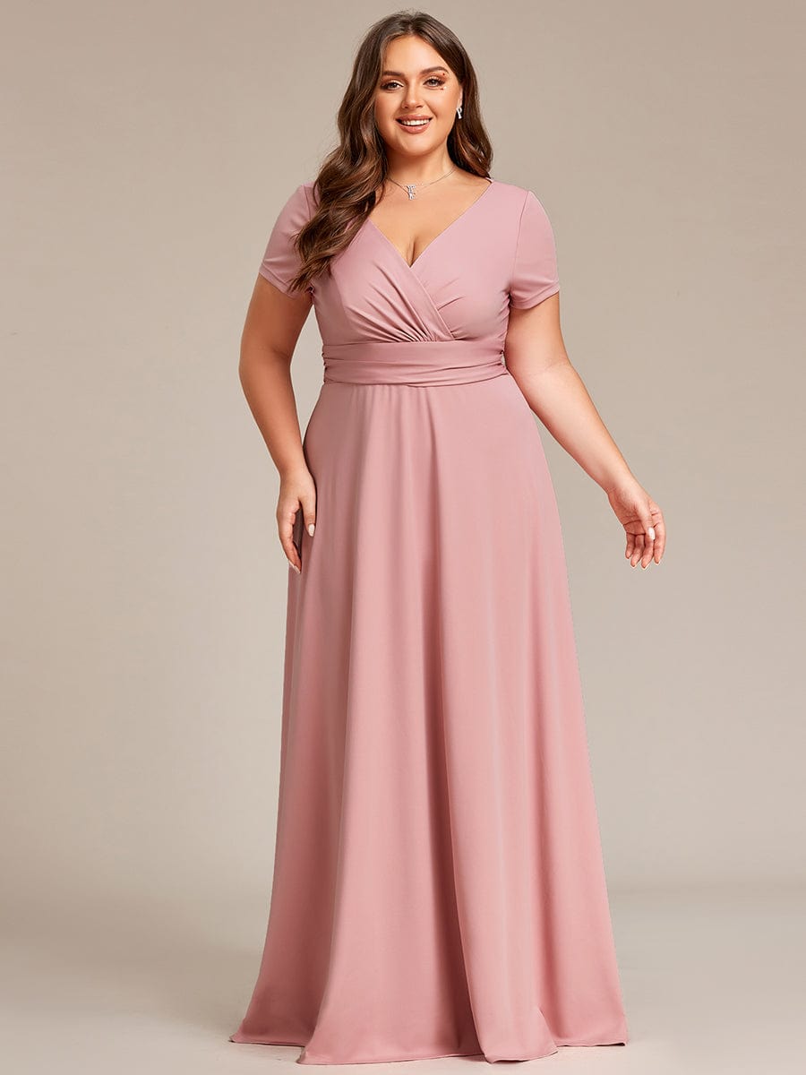 Plus Size Pleated V-Neck Short Sleeves Empire Waist A-Line Bridesmaid Dress #color_Dusty Rose