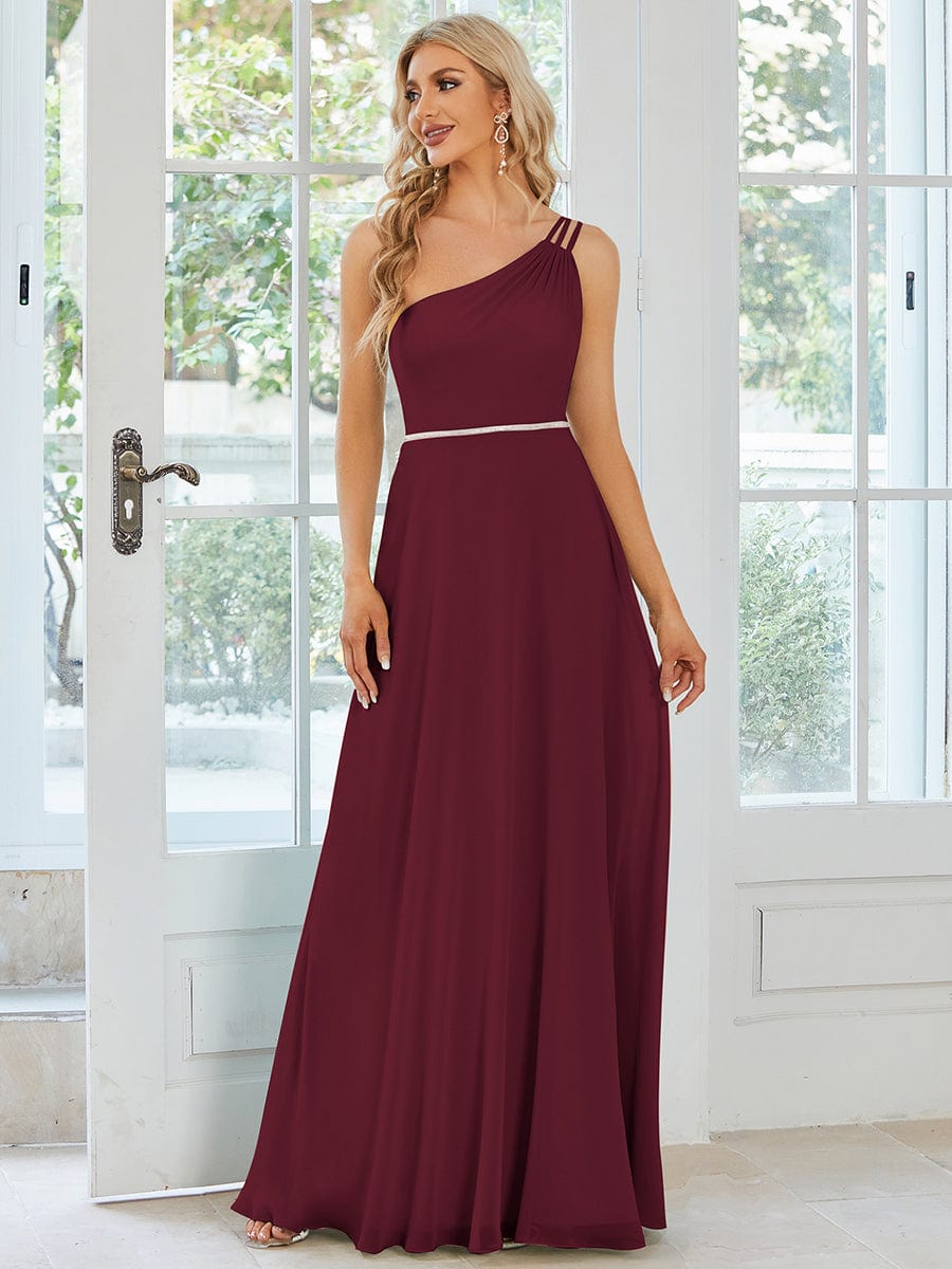 Flowy Chiffon One-Shoulder with Three Straps Bridesmaid Dress #color_Burgundy