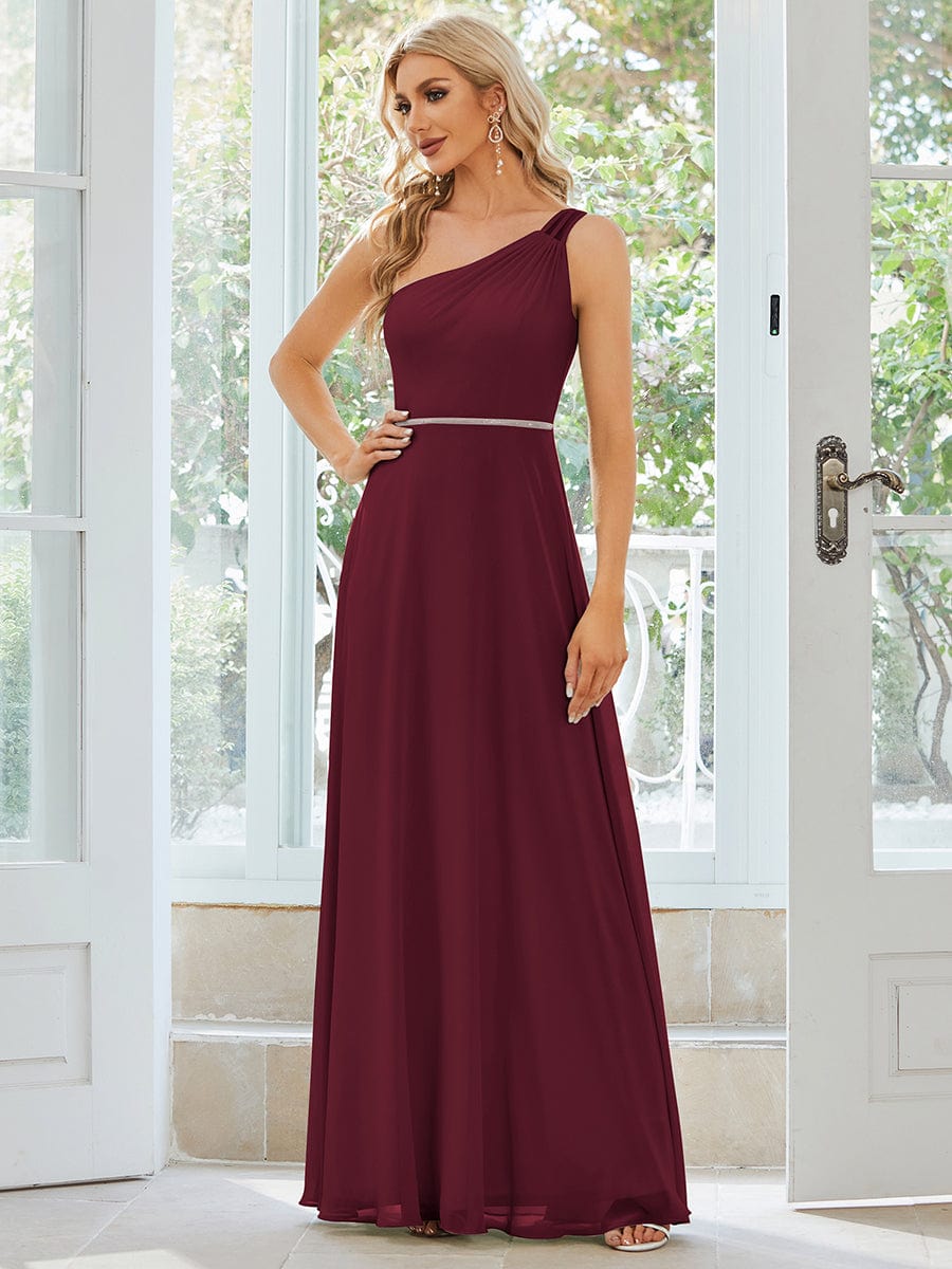 Flowy Chiffon One-Shoulder with Three Straps Bridesmaid Dress #color_Burgundy