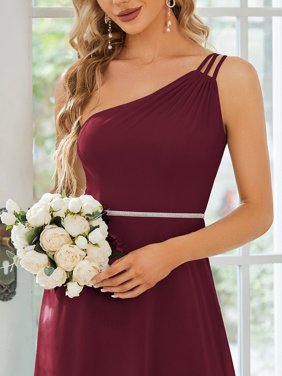 Flowy Chiffon One-Shoulder with Three Straps Bridesmaid Dress #color_Burgundy