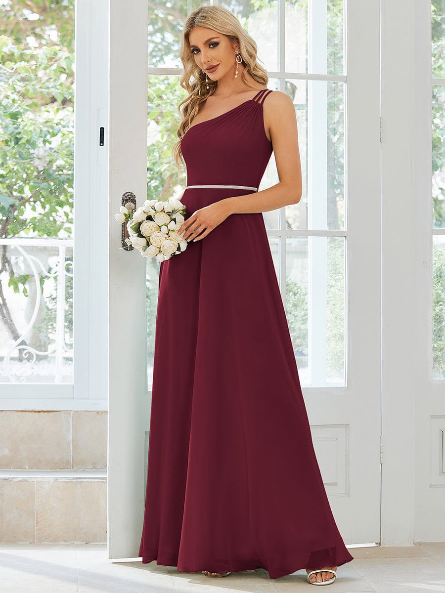 Flowy Chiffon One-Shoulder with Three Straps Bridesmaid Dress #color_Burgundy