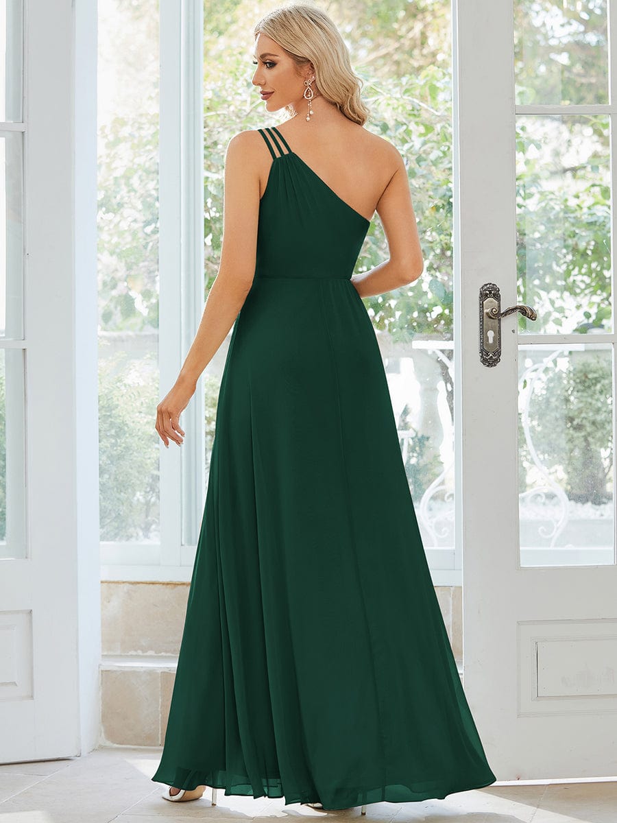 Flowy Chiffon One-Shoulder with Three Straps Bridesmaid Dress #color_Dark Green