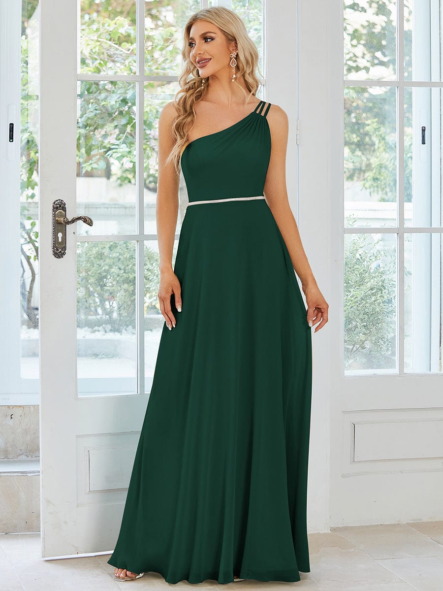 Flowy Chiffon One-Shoulder with Three Straps Bridesmaid Dress #color_Dark Green