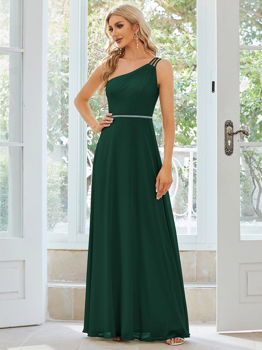 Flowy Chiffon One-Shoulder with Three Straps Bridesmaid Dress #color_Dark Green