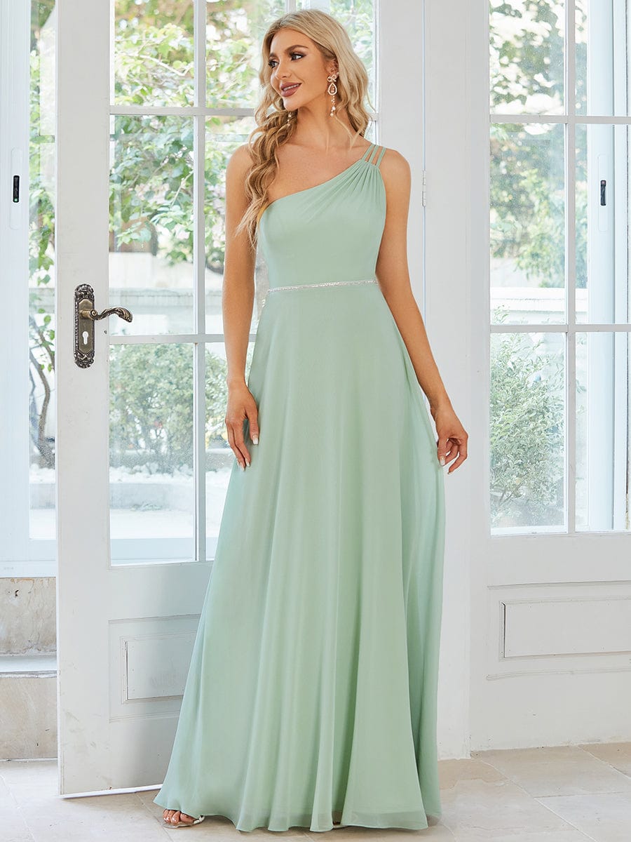 Flowy Chiffon One-Shoulder with Three Straps Bridesmaid Dress #color_Mint Green