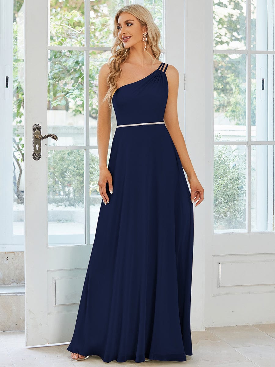 Flowy Chiffon One-Shoulder with Three Straps Bridesmaid Dress #color_Navy Blue