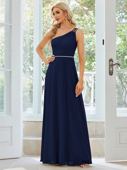 Flowy Chiffon One-Shoulder with Three Straps Bridesmaid Dress #color_Navy Blue