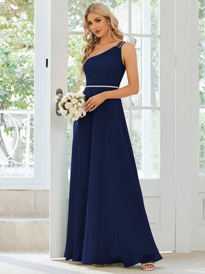 Flowy Chiffon One-Shoulder with Three Straps Bridesmaid Dress #color_Navy Blue