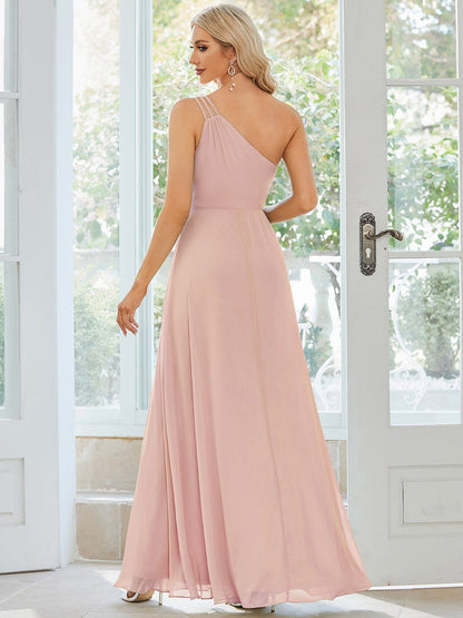 Flowy Chiffon One-Shoulder with Three Straps Bridesmaid Dress #color_Pink