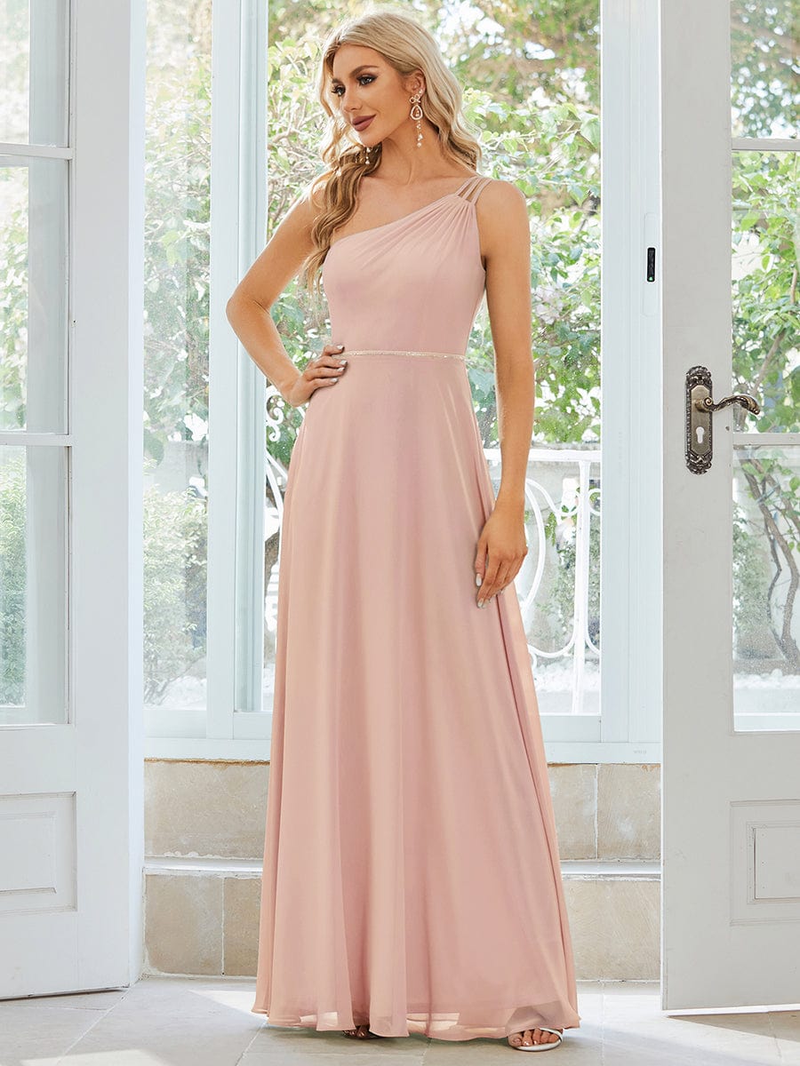 Flowy Chiffon One-Shoulder with Three Straps Bridesmaid Dress #color_Pink