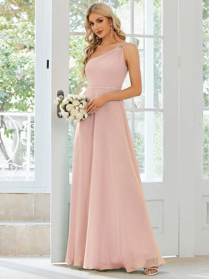 Flowy Chiffon One-Shoulder with Three Straps Bridesmaid Dress #color_Pink