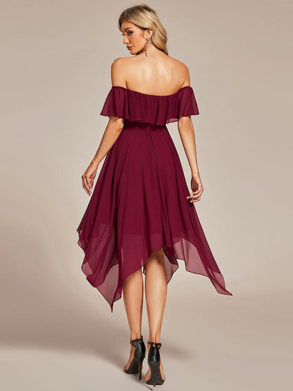 Chiffon Flowy Off-The-Shoulder Bridesmaid Asymmetrical Dress #color_Burgundy