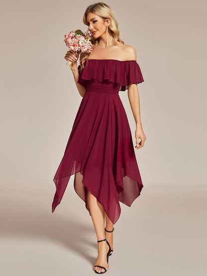 Chiffon Flowy Off-The-Shoulder Bridesmaid Asymmetrical Dress #color_Burgundy