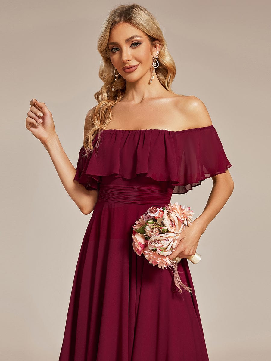 Chiffon Flowy Off-The-Shoulder Bridesmaid Asymmetrical Dress #color_Burgundy