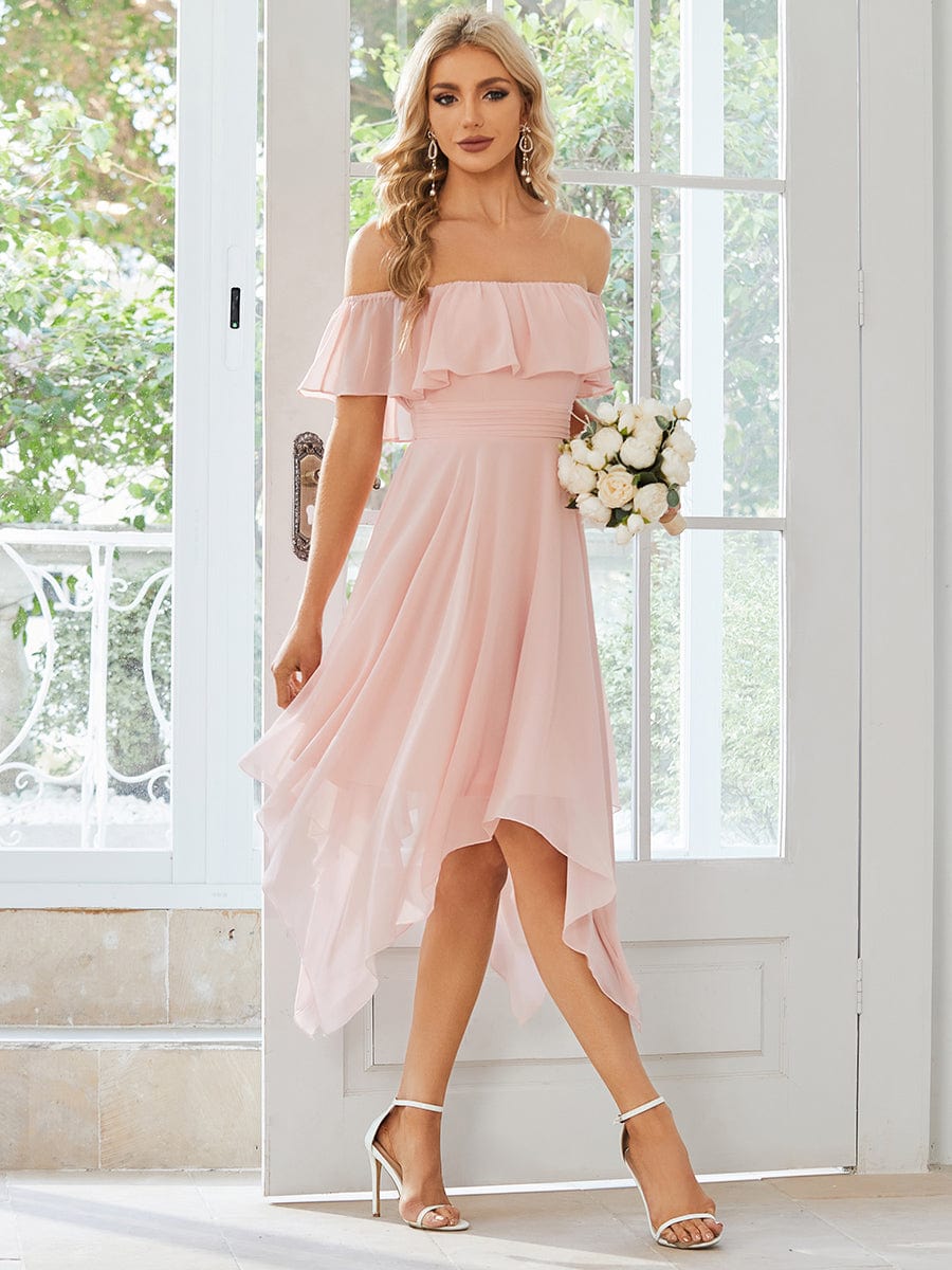 Chiffon Flowy Off-The-Shoulder Bridesmaid Asymmetrical Dress #color_Pink