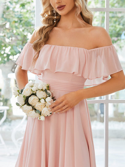 Chiffon Flowy Off-The-Shoulder Bridesmaid Asymmetrical Dress #color_Pink