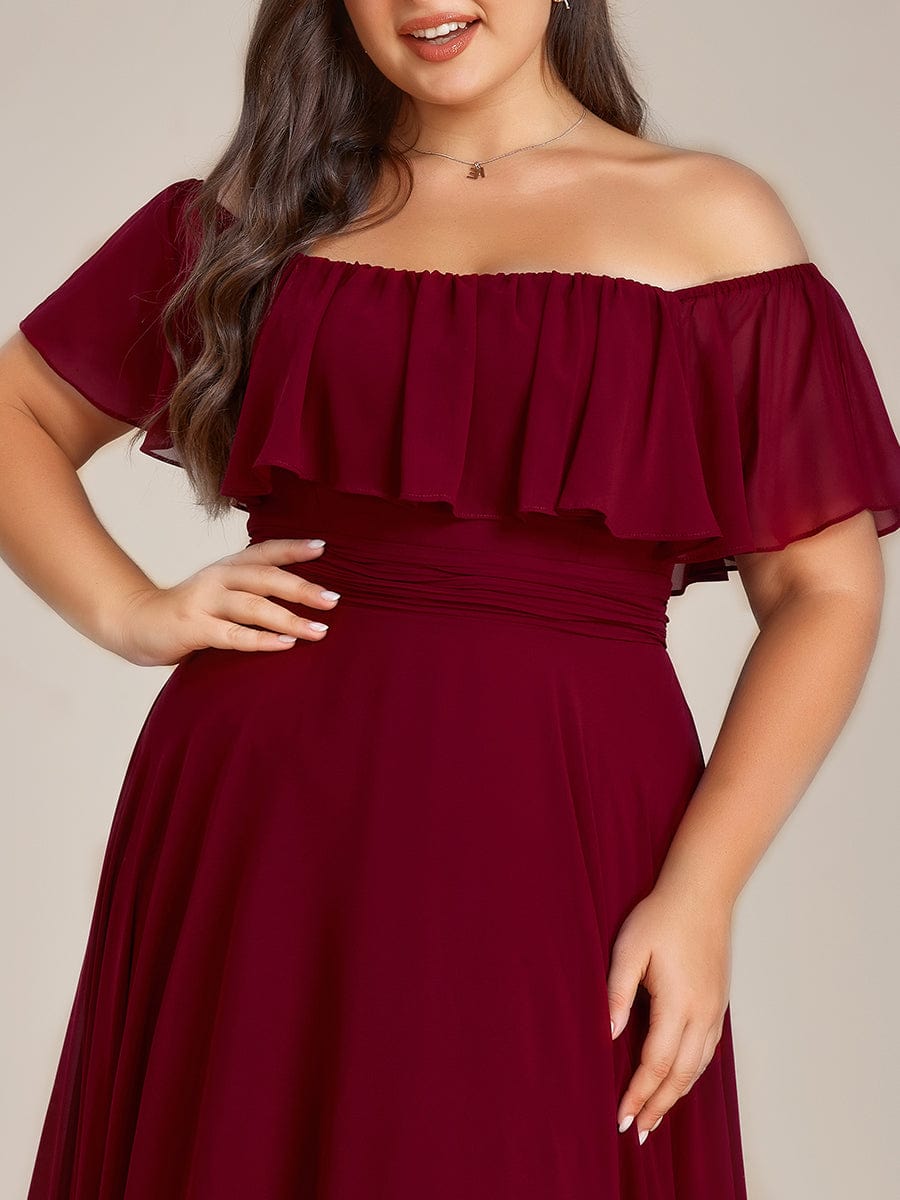 Elegant Chiffon High-Low Off The Shoulder Bridesmaid Dress #color_Burgundy