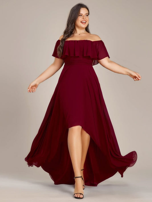 Plus Size Flowy Chiffon High-Low Off The Shoulder Bridesmaid Dress #color_Burgundy