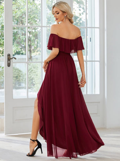 Elegant Chiffon High-Low Off The Shoulder Bridesmaid Dress #color_Burgundy