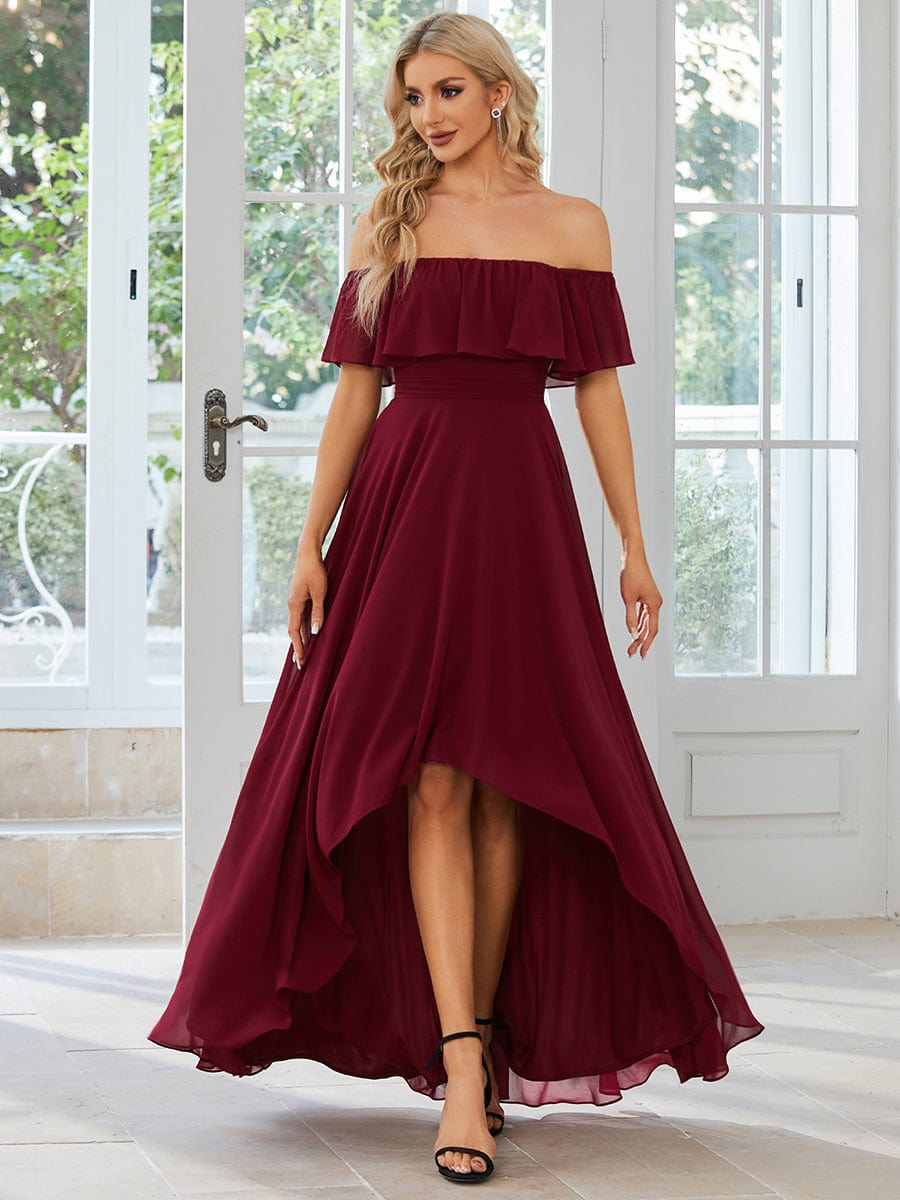 Elegant Chiffon High-Low Off The Shoulder Bridesmaid Dress #color_Burgundy