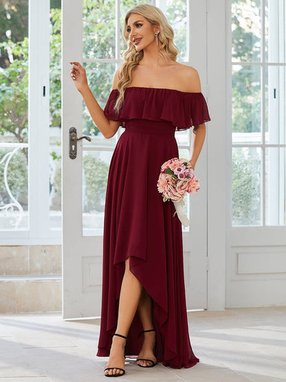 Elegant Chiffon High-Low Off The Shoulder Bridesmaid Dress #color_Burgundy