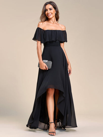 Elegant Chiffon High-Low Off The Shoulder Bridesmaid Dress #color_Black