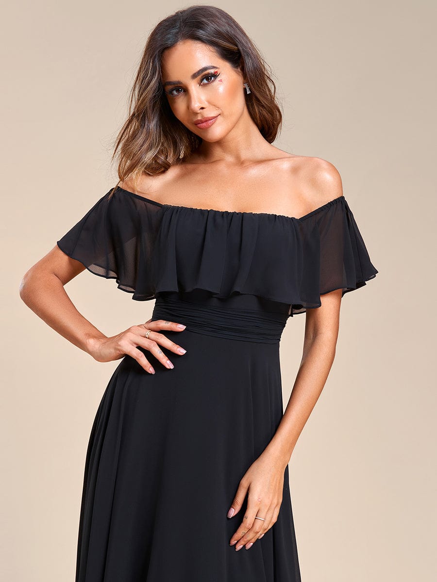 Elegant Chiffon High-Low Off The Shoulder Bridesmaid Dress #color_Black