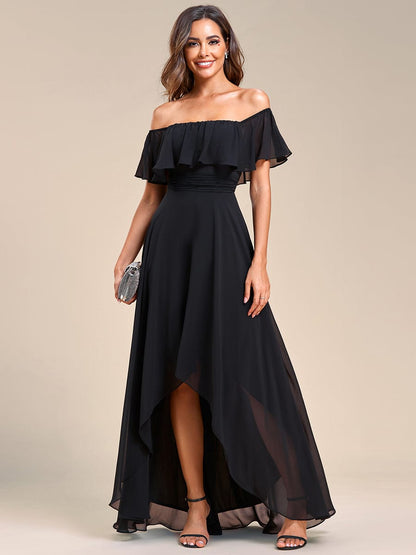 Elegant Chiffon High-Low Off The Shoulder Bridesmaid Dress #color_Black