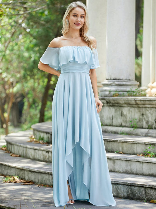 Elegant Chiffon High-Low Off The Shoulder Bridesmaid Dress #color_Sky Blue