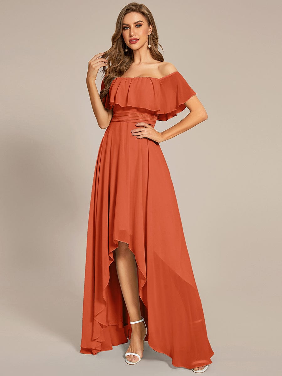 Elegant Chiffon High-Low Off The Shoulder Bridesmaid Dress #color_Burnt Orange