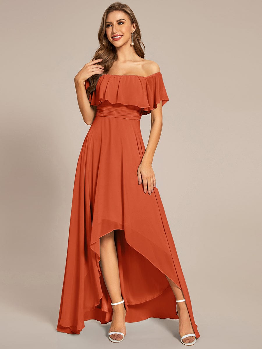 Elegant Chiffon High-Low Off The Shoulder Bridesmaid Dress #color_Burnt Orange