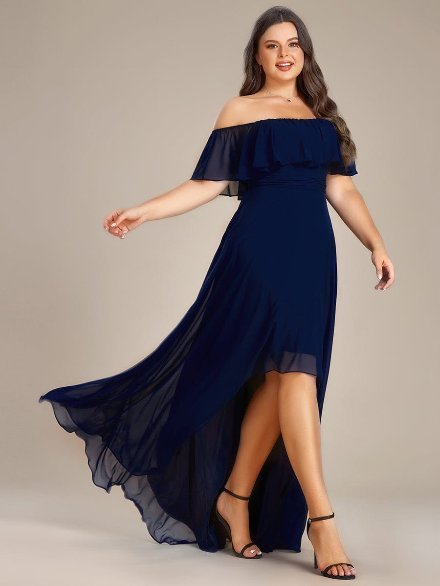 Elegant Chiffon High-Low Off The Shoulder Bridesmaid Dress #color_Navy Blue