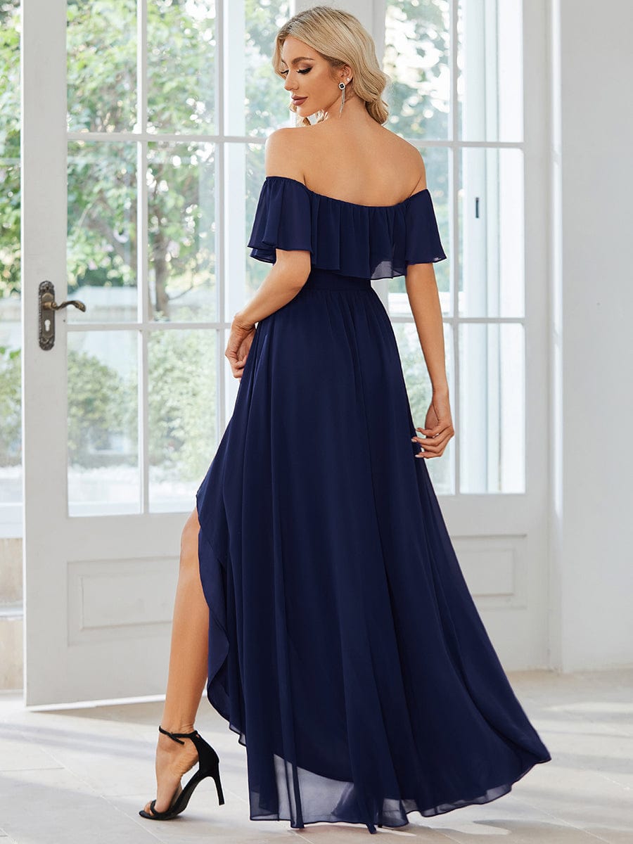 Elegant Chiffon High-Low Off The Shoulder Bridesmaid Dress #color_Navy Blue