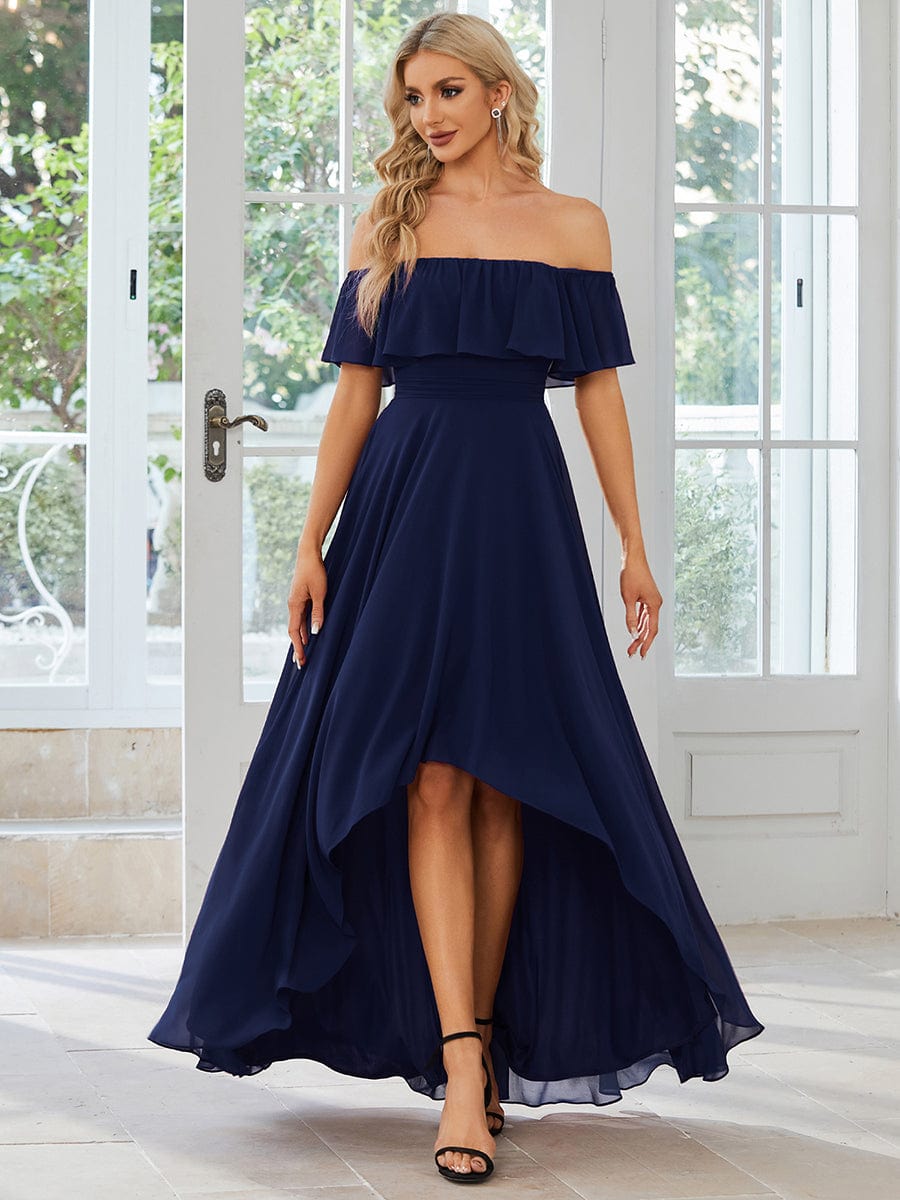 Elegant Chiffon High-Low Off The Shoulder Bridesmaid Dress #color_Navy Blue