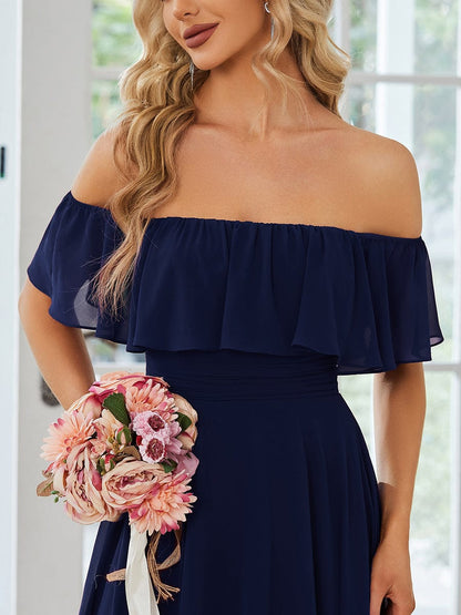 Elegant Chiffon High-Low Off The Shoulder Bridesmaid Dress #color_Navy Blue