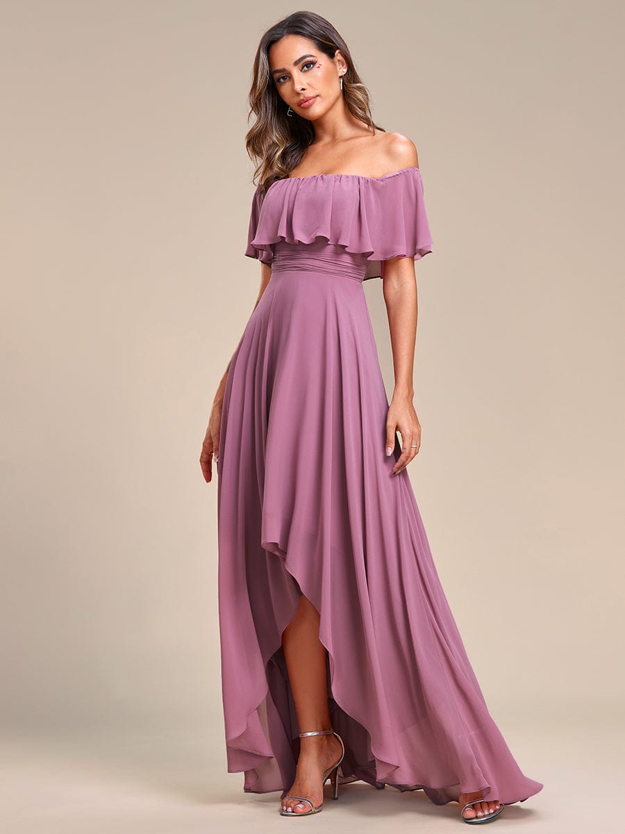 Elegant Chiffon High-Low Off The Shoulder Bridesmaid Dress #color_Purple Orchid